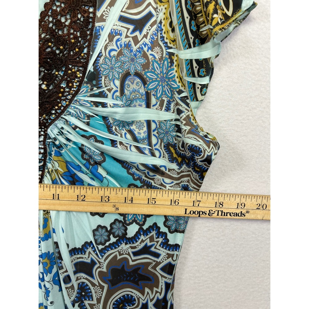 Boho Unity World Wear Women Large Blue Brown Paisley Crochet Beaded V-Neck Top - Picture 4 of 8